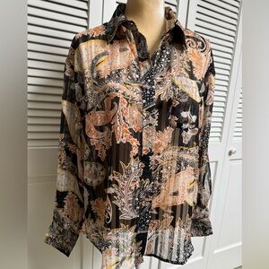 Elan Vibrant Paisley Top with Orange and Black Accents